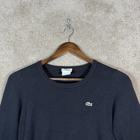 Lacoste Sweater Womens 36 S Black Cotton Cashmere Crewneck Pullover Logo Knit - Picture 2 of 9